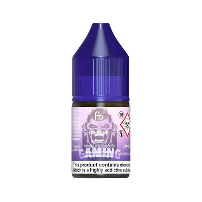 Vape juice bottle with purple cap and label on a white background