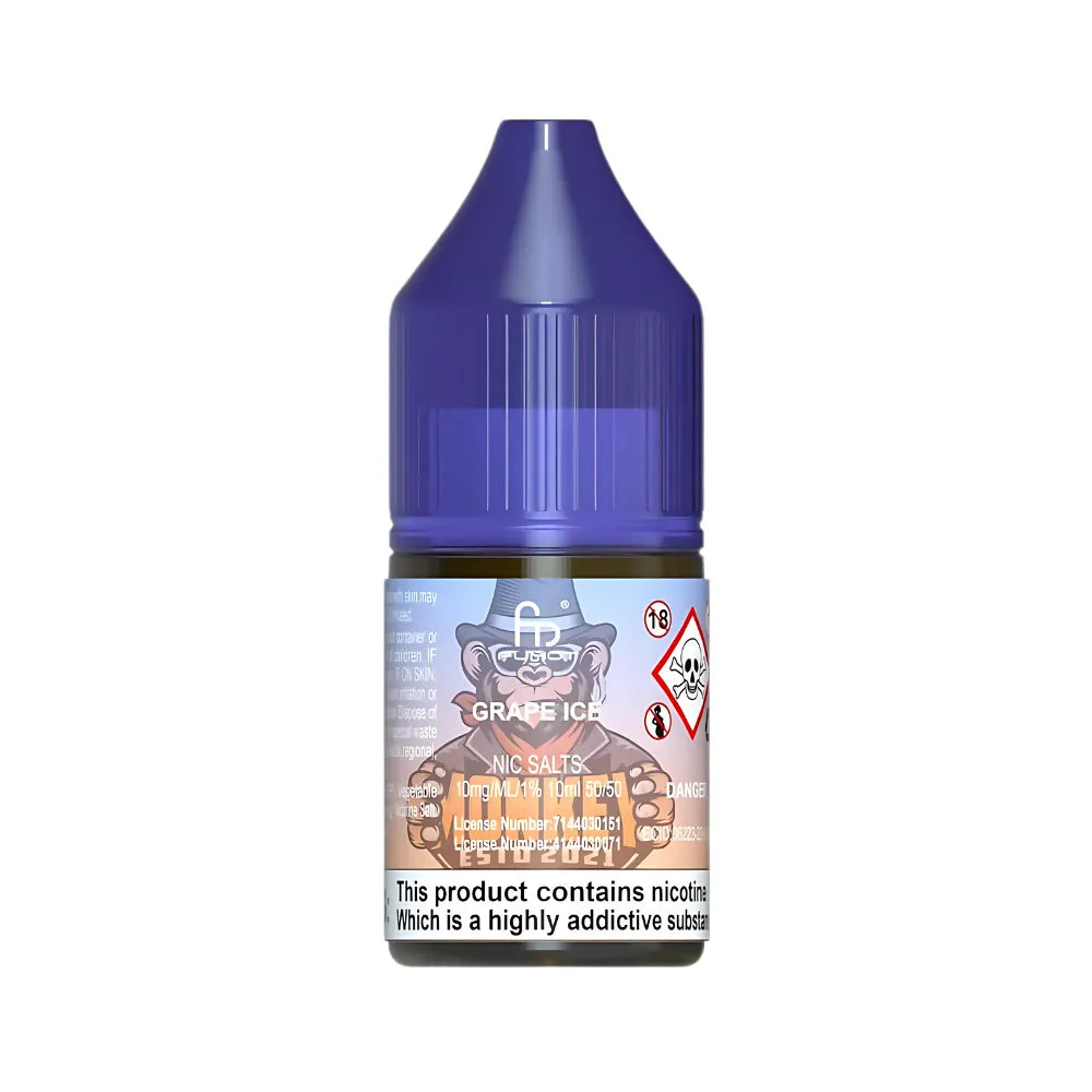 Vape juice bottle with purple cap and colorful label on a white background