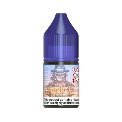 Vape juice bottle with purple cap and colorful label on a white background