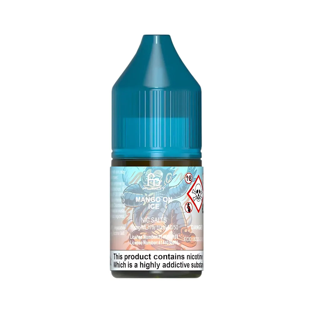 Blue bottle of vape juice with a label on a white background