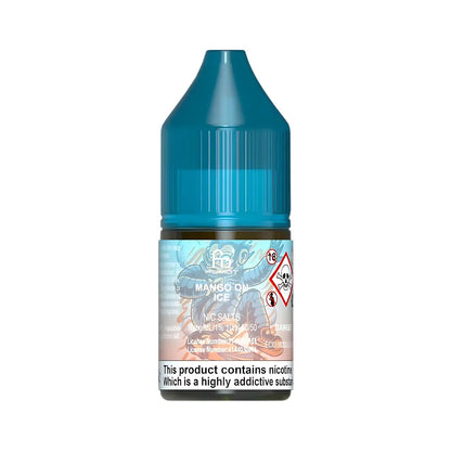 Blue bottle of vape juice with a label on a white background
