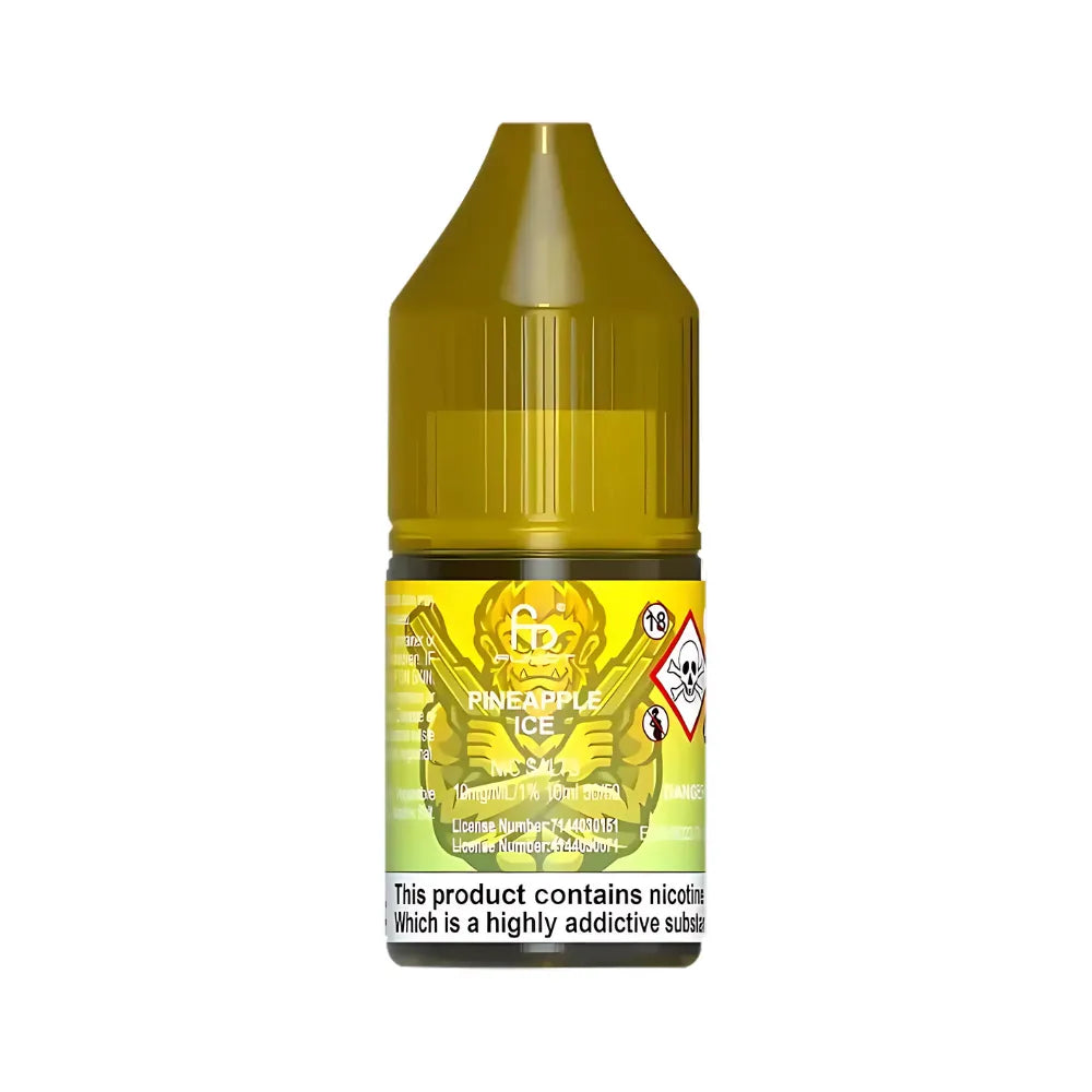 Yellow bottle of pineapple-flavored e-liquid on a white background