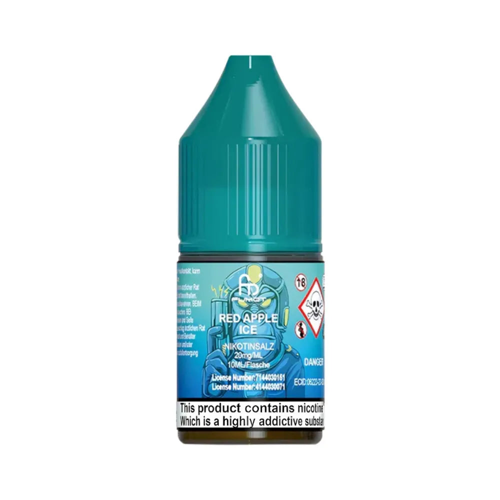 Teal bottle of Red Apple Ice nicotine product on a white background