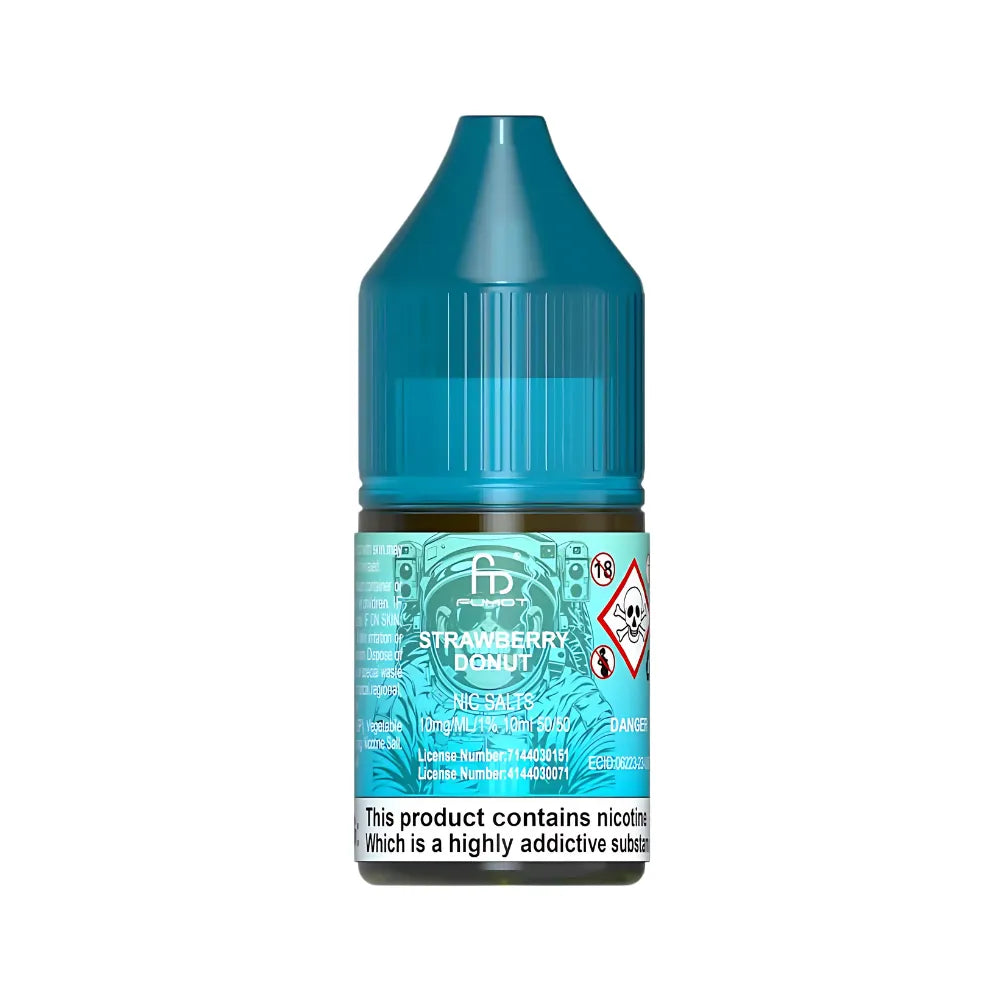 Teal bottle of strawberry donut-flavored e-liquid on a white background