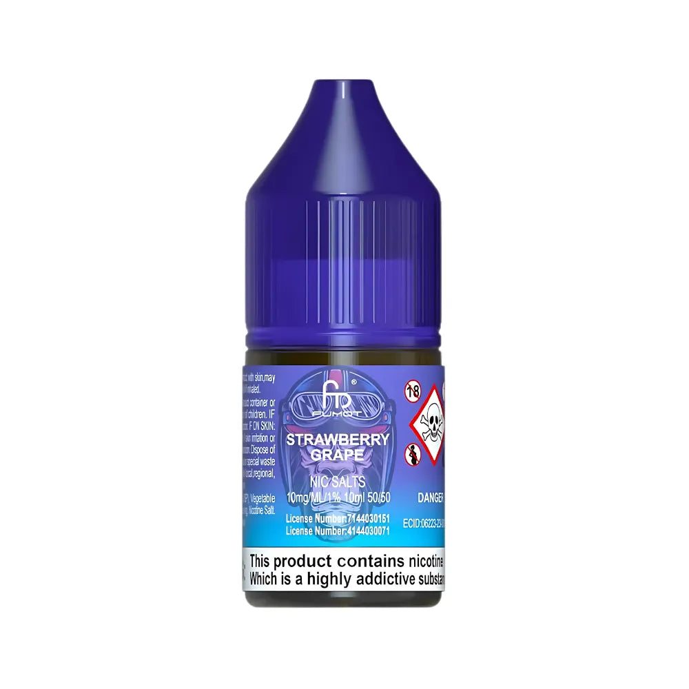 Blue bottle of strawberry grape flavored e-liquid on a white background