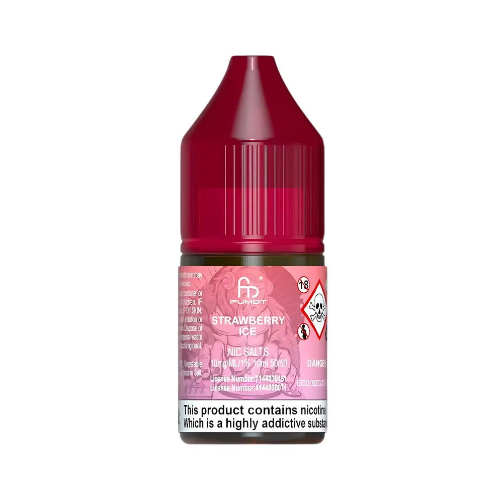 Bottle of strawberry ice-flavored e-liquid with a pink label on a white background
