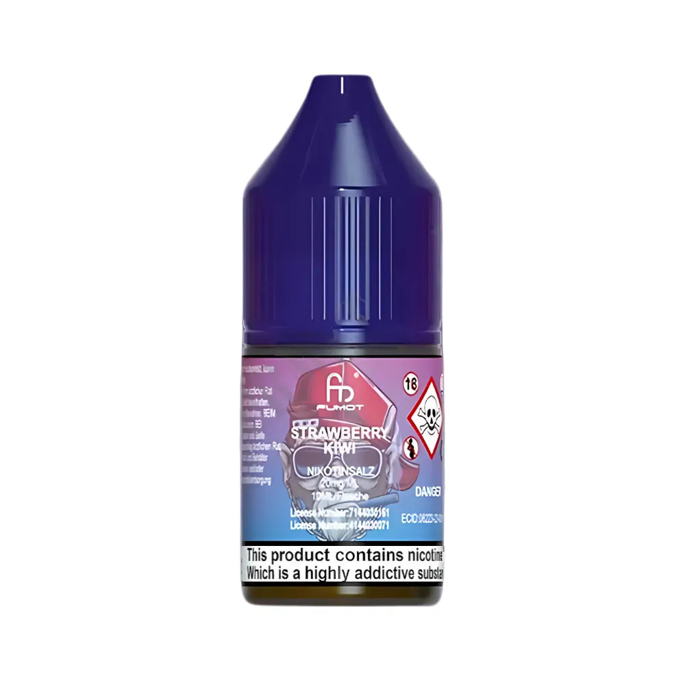 Blue bottle of strawberry kiwi e-liquid with a label on a white background