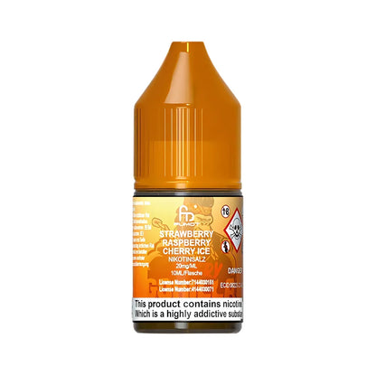 Amber bottle of strawberry raspberry  cherry ice e-liquid with a label on a white background