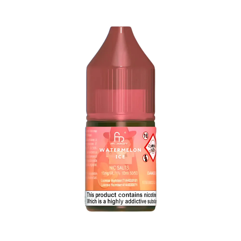Bottle of watermelon ice flavored e-liquid with a pink label on a white background