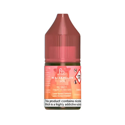 Bottle of watermelon ice flavored e-liquid with a pink label on a white background