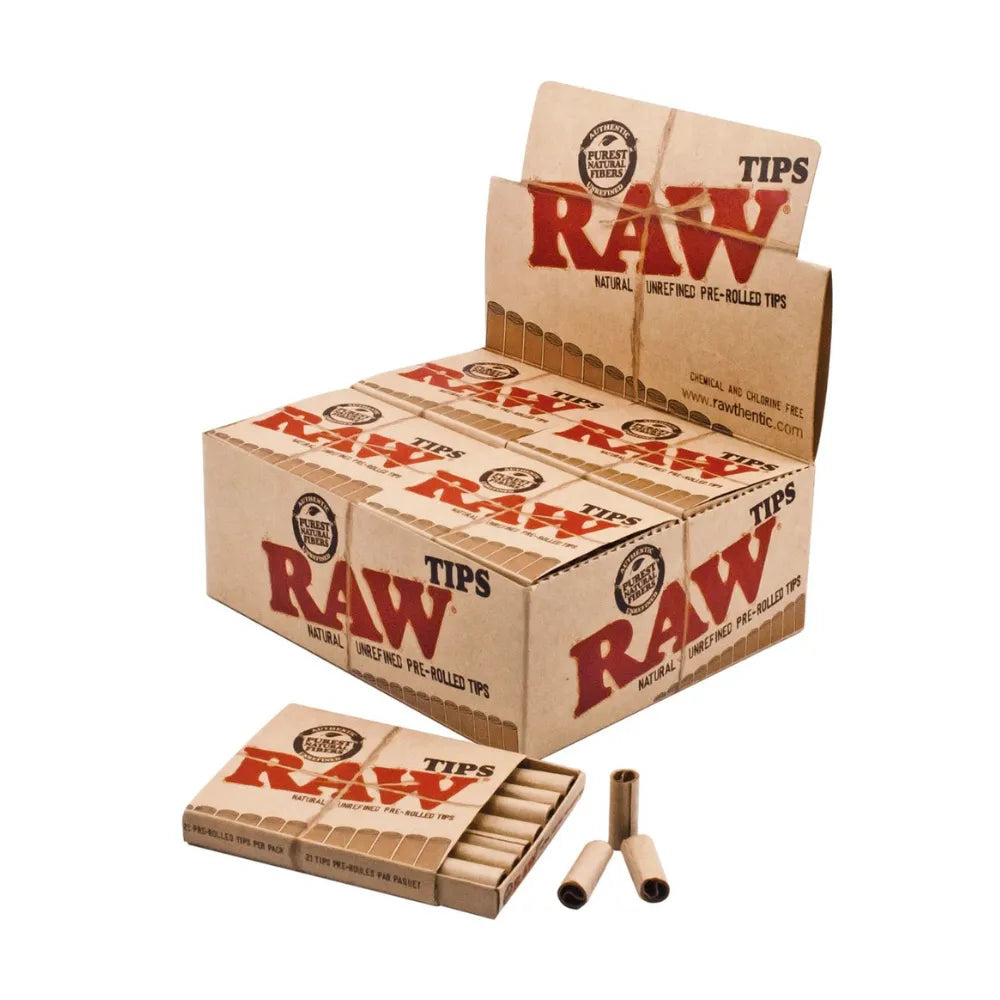 Box of 20 Raw pre-rolled tips with additional tips displayed on a white background