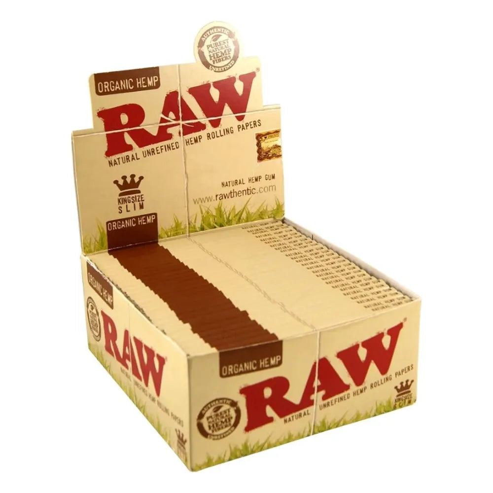 Box of 50 organic hemp raw king-size slim rolling papers on a white background