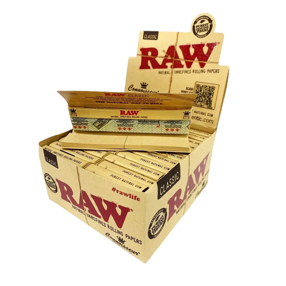 Box of 24 Raw rolling papers and tips on a white background