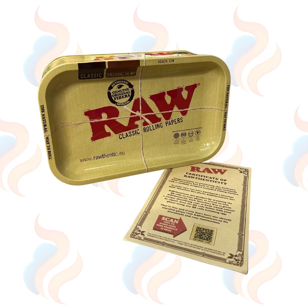 RAW rolling papers tray, tin and certification sheet on a white background