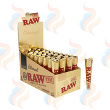 Box of Raw Ethereal rolling cones with smoke effects on a white background