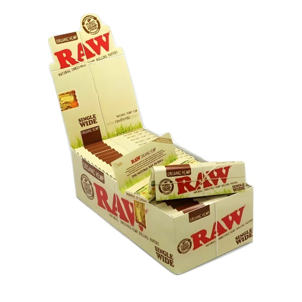 Display box of RAW organic single wide rolling paper on a white background