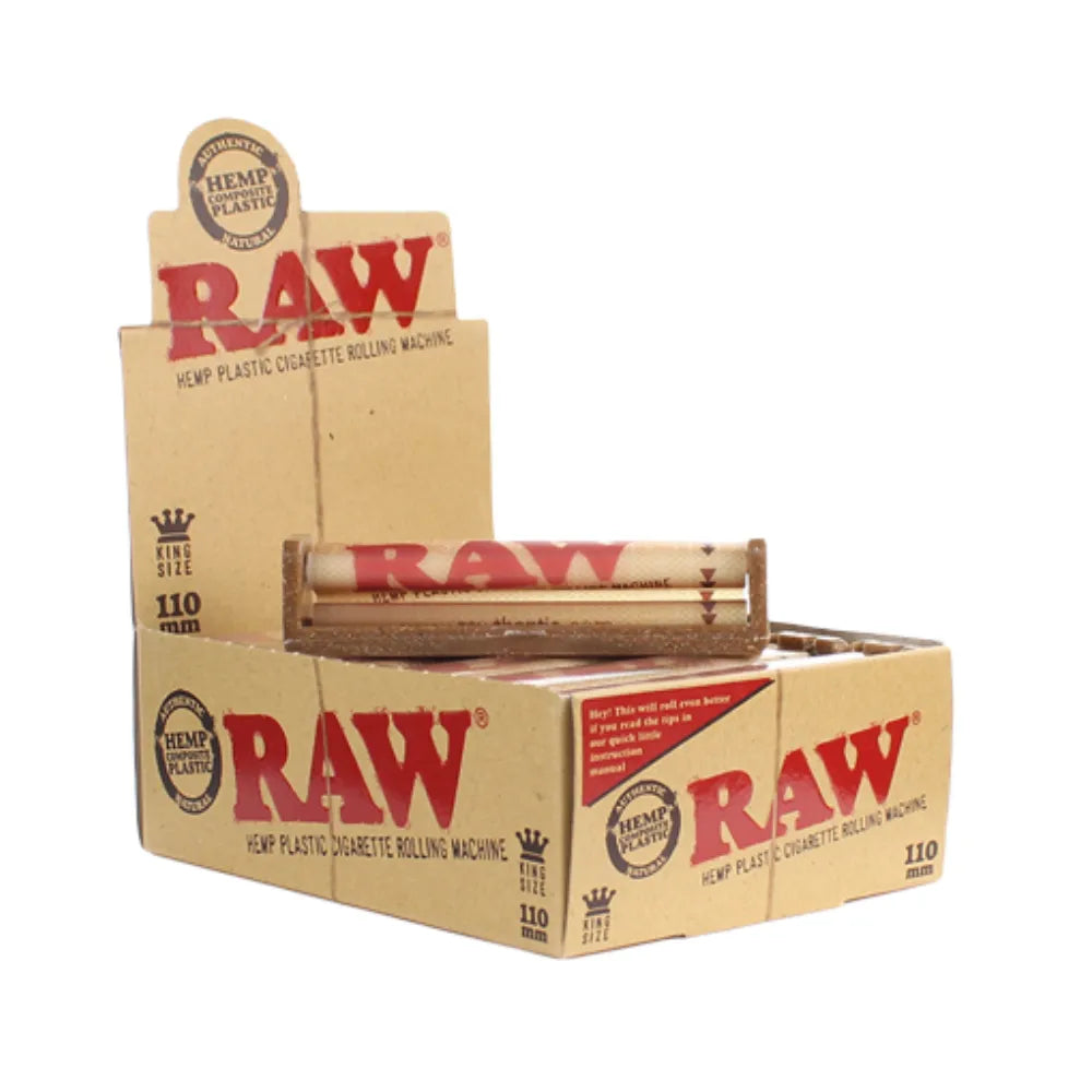 Box of 110mm Raw hemp cigarette rolling machine on a white background