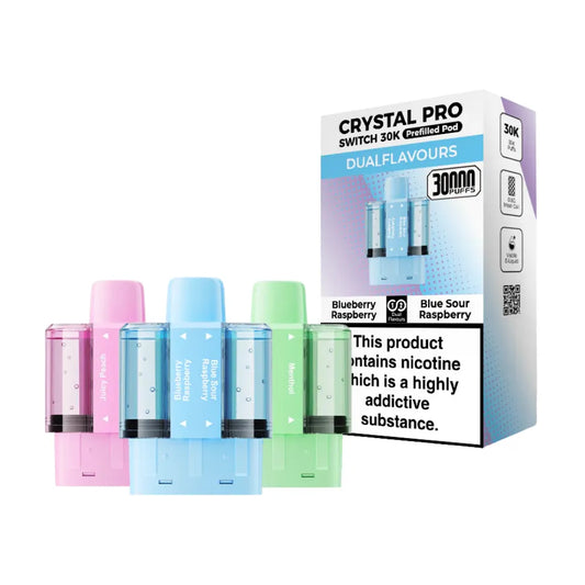 Packaging of Crystal Pro replacement pods with colourful cartridges and a warning label on a white background.