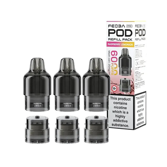 Feoba 6000 Vape pod refill pack with three black pods and a pink and white box on a white background.