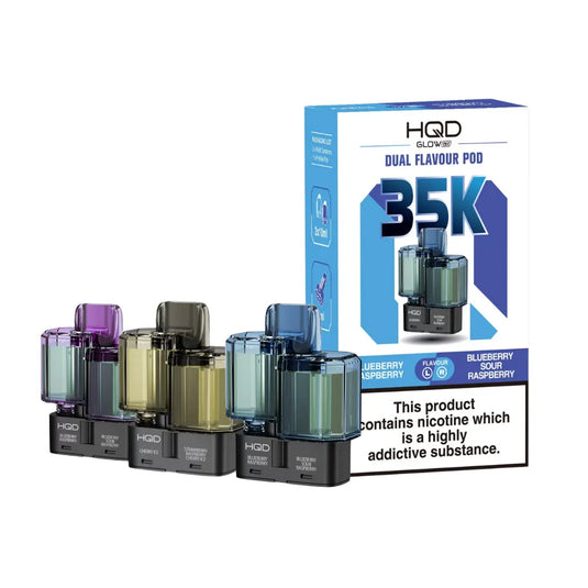 Hqd dual flavour vape pods with packaging on a white background