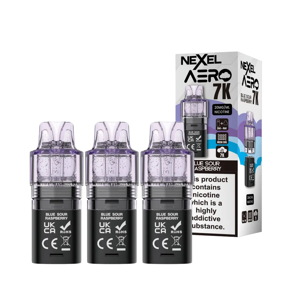 Nexel Aero 7K replacement pod packaging with three cartridges on a white background
