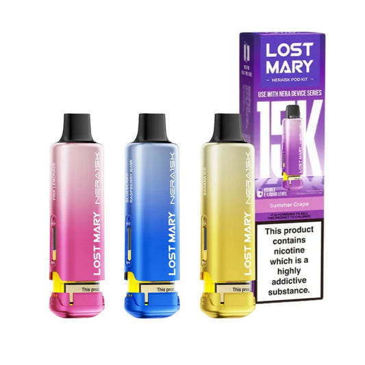 Three colourful pods with 'Lost Mary' branding and a product packaging on a white background.