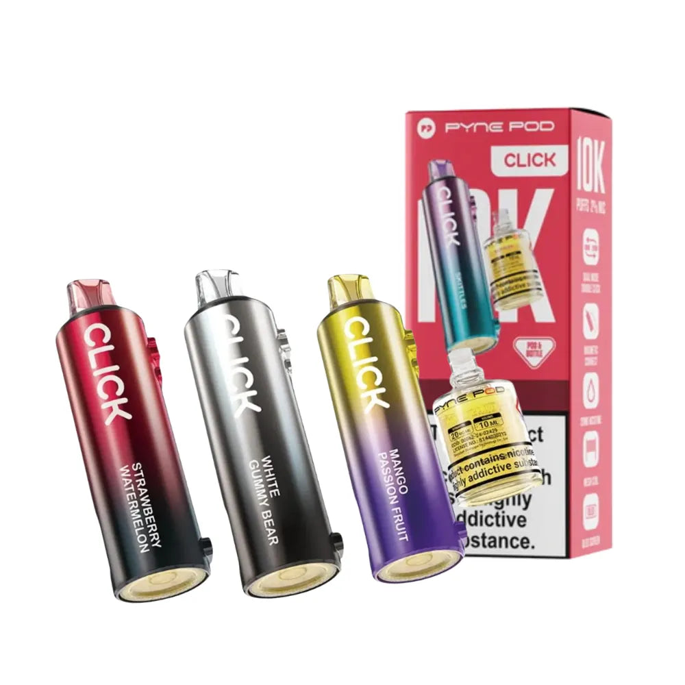 Three Click pods with a red box in the background on a white background