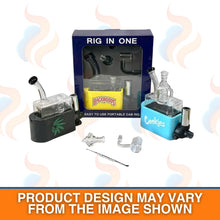 "RIG IN ONE" display box with various smoking accessories on a white background