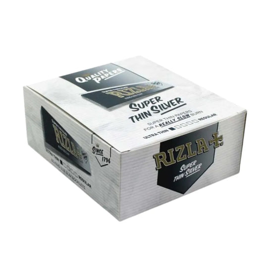 Box of 50 Rizla Super Thin Silver rolling papers on a white background