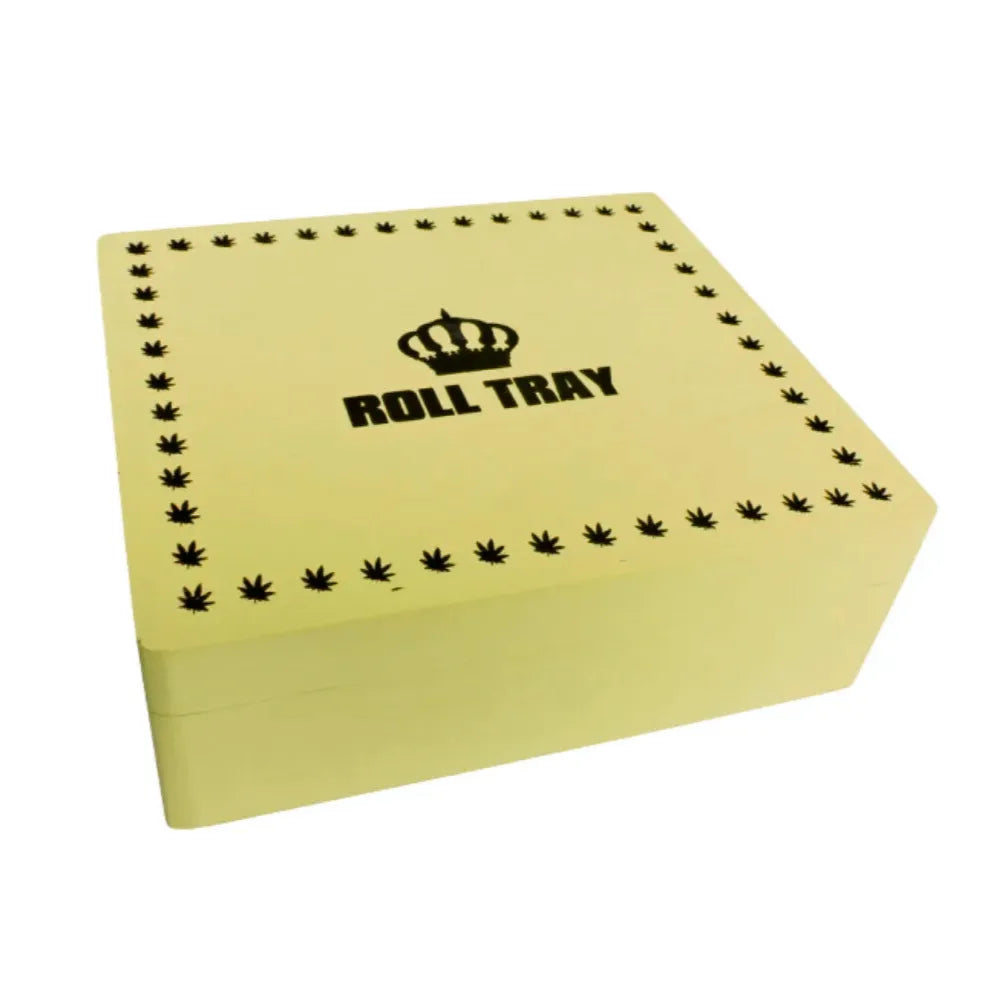 Natural-wood colour large wooden box with "Roll Tray" branding on a white background