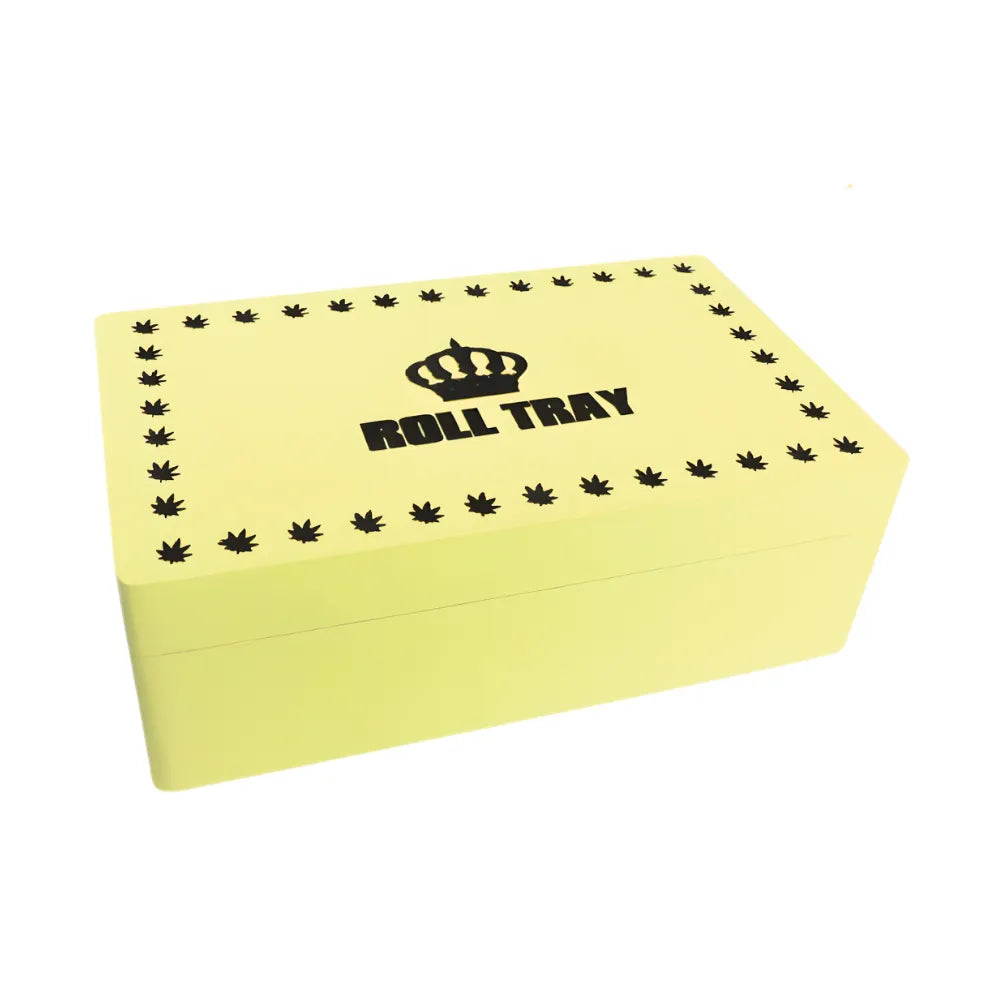 Natural-wooden colour medium-size wooden box with "Roll Tray" branding on a white background