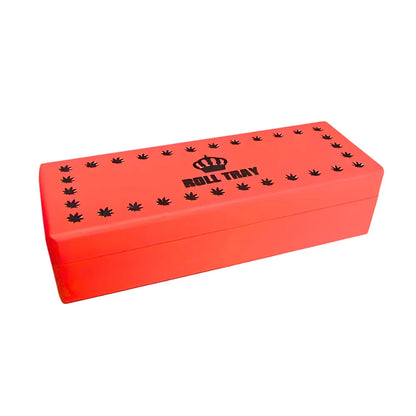 Red small wooden box with "Roll Tray" branding on a white background