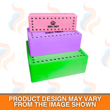 Three colourful "Roll Tray" wooden boxes stacked on a white background