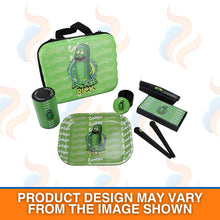 Pickle Rick themed product set including a green bag, rolling tray, and other accessories on a white background.