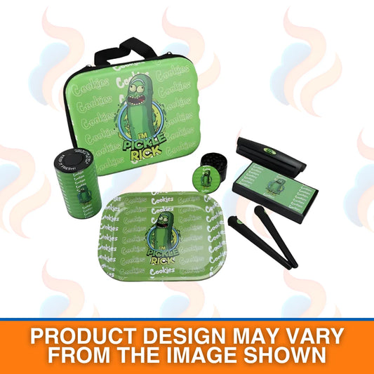Pickle Rick themed product set including a green bag, rolling tray, and other accessories on a white background.