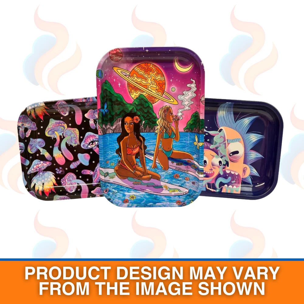 Three colourful trays with artistic designs on a white background