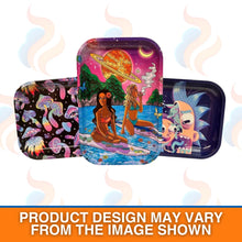 Three colourful trays with artistic designs on a white background
