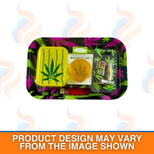 Set of smoking accessories on a tray with cannabis leaf design