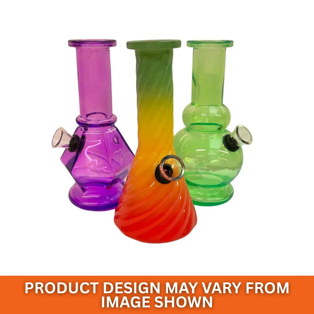 Three colourful glass bongs on a white background