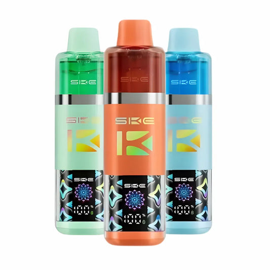 Three colorful SKE devices with different designs on a white background