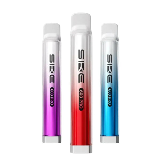Three SKE 600 Pro vape devices in purple, red, and blue on a white background
