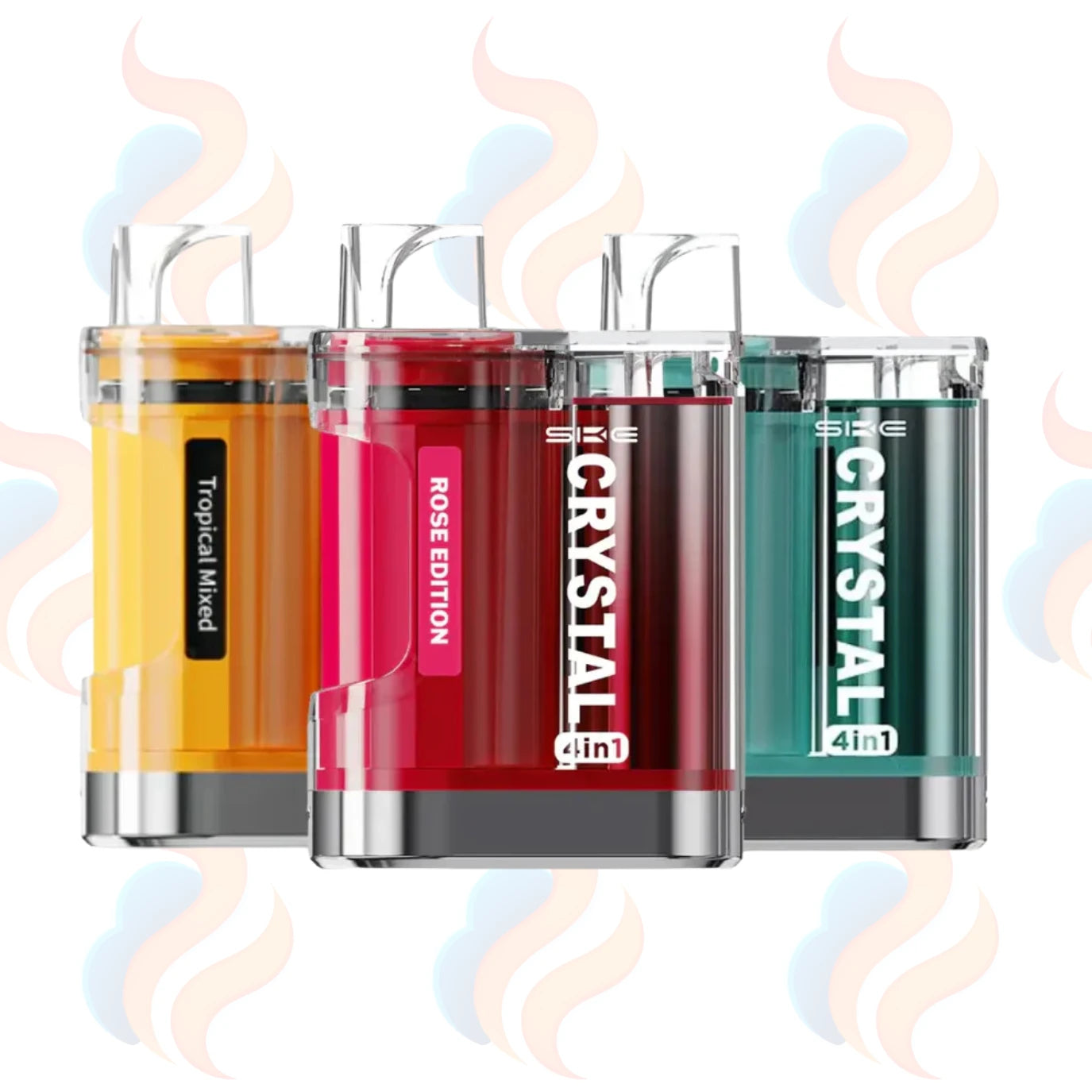Three SKE 2400 4in1 vape devices with different coloured tanks on a white background