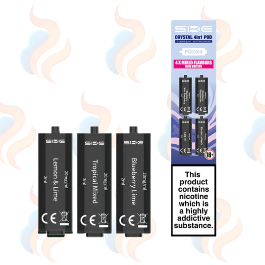 Three SKE Crystal 4in1 vape refill pods with packaging on a white background.