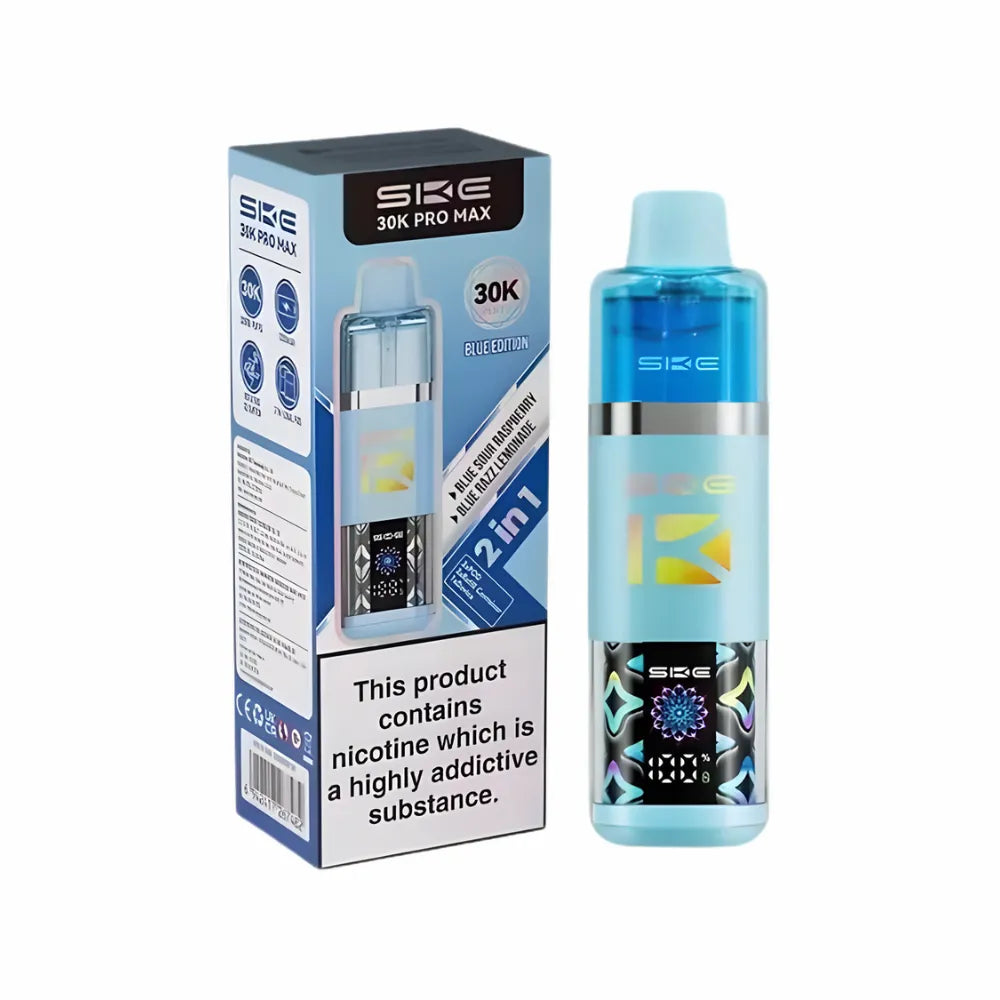 SKE 30k blue edition vape device and packaging on a white background