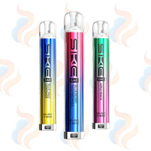 Three SKE vape bars in blue, pink, and green on a white background with smoke effects.