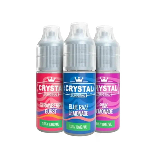 Three bottles of Crystal vape juice with colorful labels on a white background