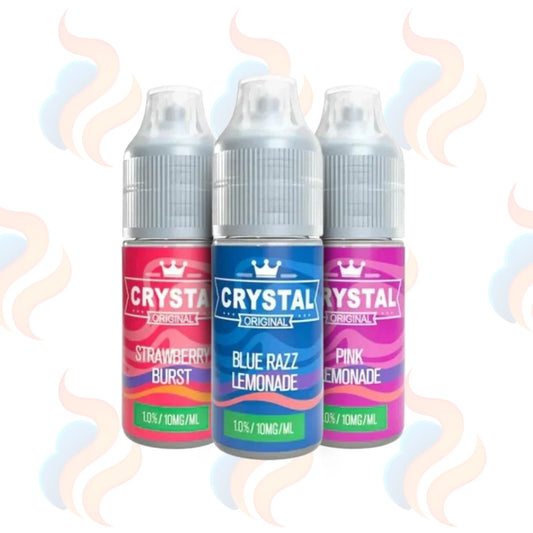 Three bottles of SKE Crystal vape juice with colourful labels on a white background.