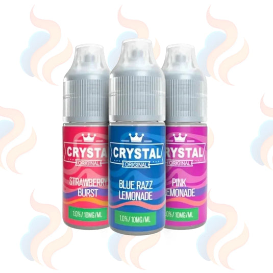 Three bottles of SKE Crystal vape juice with colourful labels on a white background.
