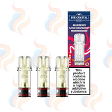 Three SKE Crystal Plus vape refill pods with packaging on a white background.