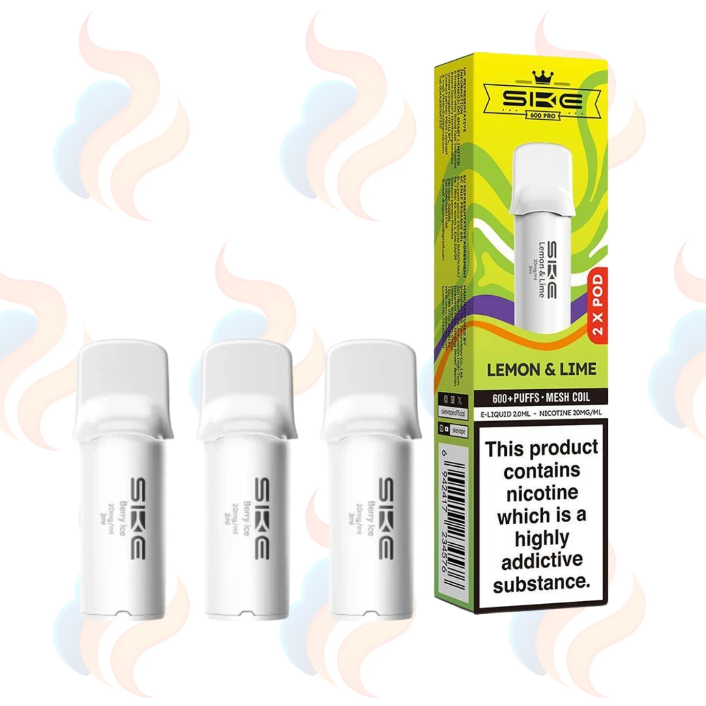 Three SKE Crystal Pro 600 vape refill pods with packaging on a white background.